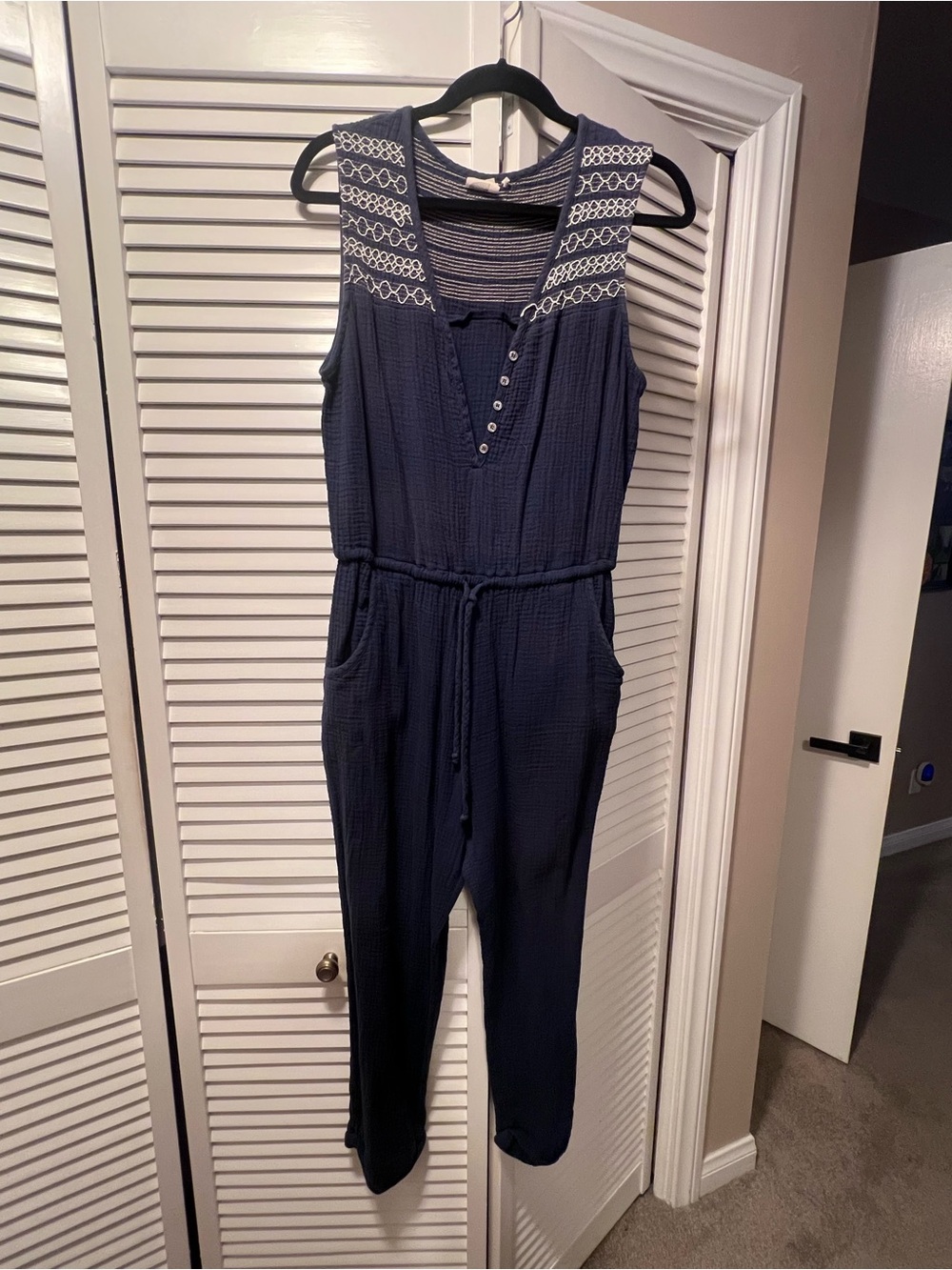 Anthropologie Sleeveless Navy Jumpsuit with Embroidered Yoke 100% cotton